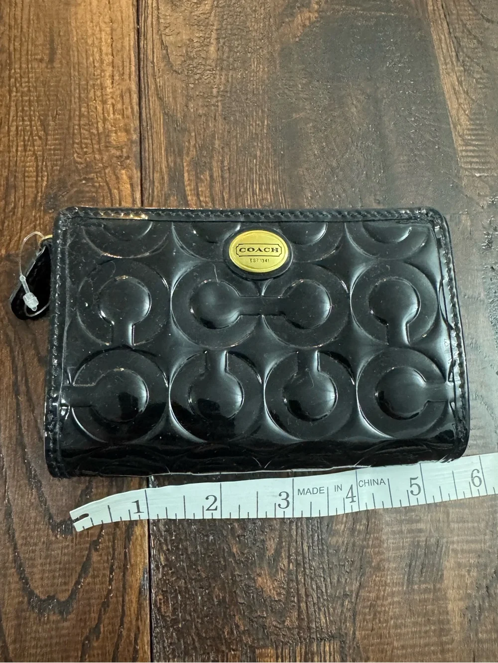NWOT Coach Black Patent Leather Embossed C Zip Wallet with Gold Tone Logo